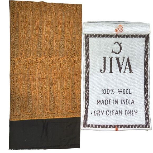 JIVA WOOL SHAWL INDIA GOLD PAISLEY 84x42 - Picture 1 of 5